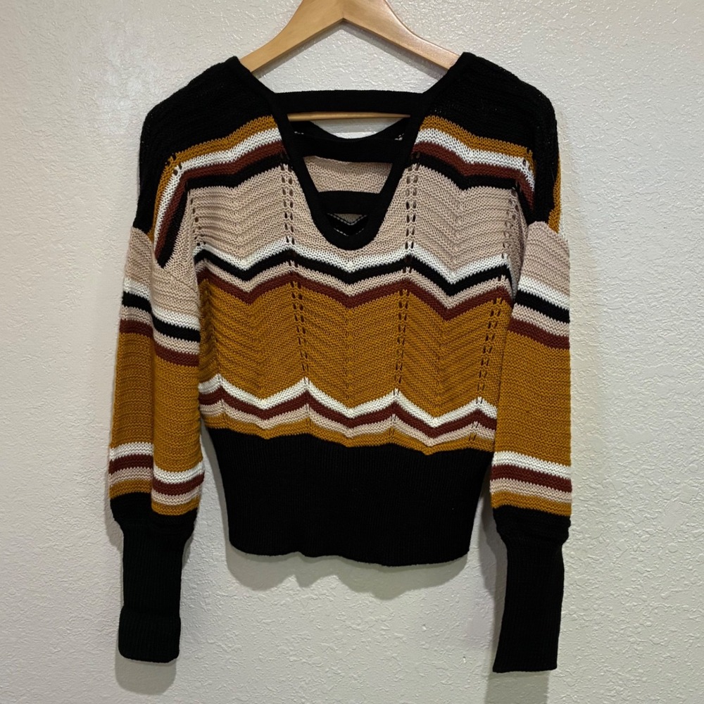 FCT WITH LOVE Chevron Knit Sweater Open Back Mustard Multi J4M1731S Small - Picture 2 of 10